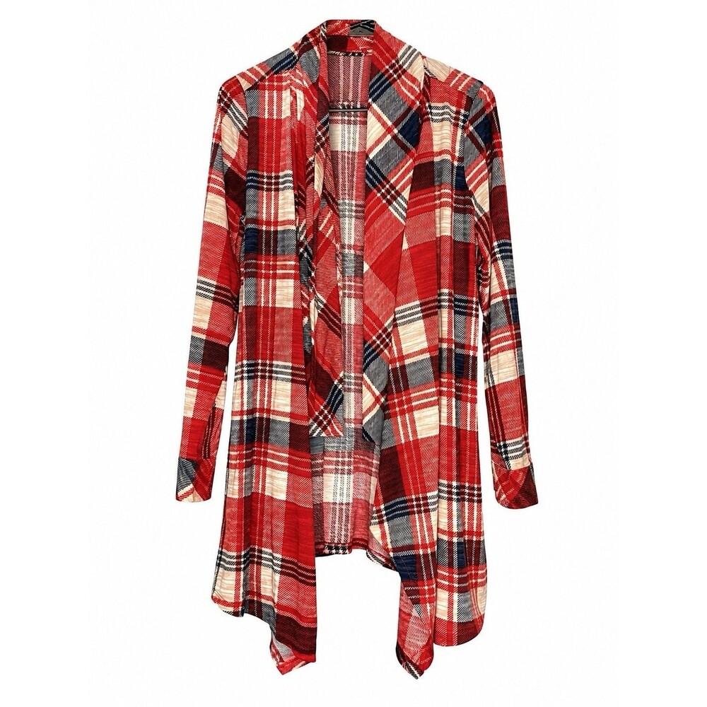 New York Laundry Women’s 1X Red Plaid Waterfall Open Front Cardigan Duster